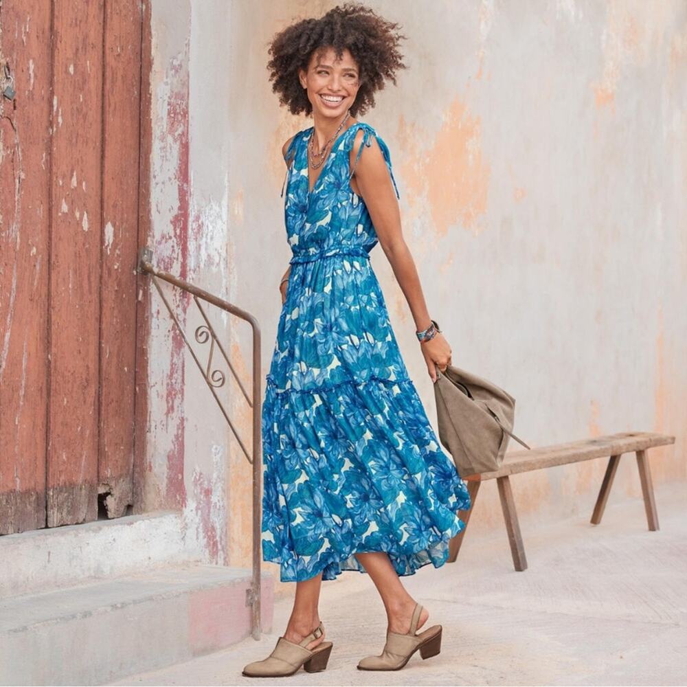 NWOT Sundance Maren Meadow Sleeveless Tiered Tie Midi Dress Blue Floral Size L